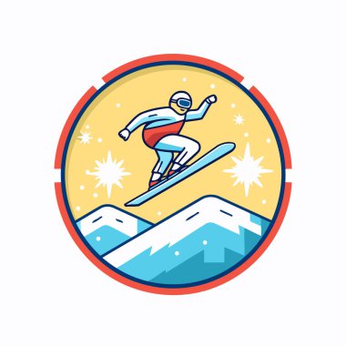 Dağlarda atlayan bir snowboardcu. Düz biçim vektör illüstrasyonu.