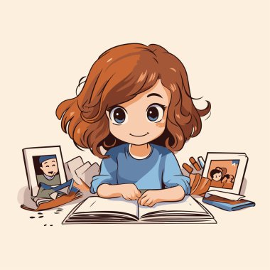 Kitap okuyan küçük tatlı bir kızın vektör çizimi. Sevimli çizgi film karakteri..