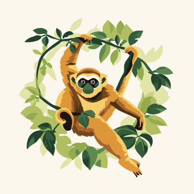 Gibbon ağaca tırmanıyor. Çizgi film tarzında vektör illüstrasyonu.