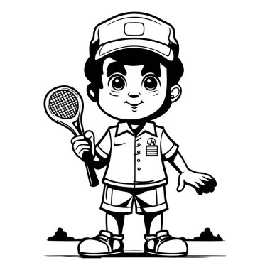 Tenis oyuncusu - Siyah ve Beyaz Çizgi Film Maskot İllüstrasyonu
