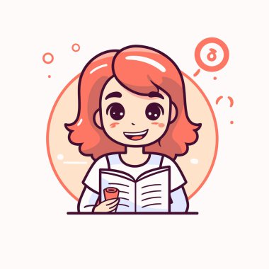 Kitap okuyan tatlı bir kız. Çizgi film tarzında vektör illüstrasyonu.