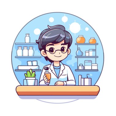 Bilim adamı çizgi film karakteri. Laboratuvardaki bir bilim adamının vektör çizimi.