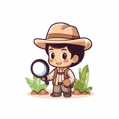 Büyüteci olan sevimli çizgi film kaşifi çocuk. Vektör illüstrasyonu.