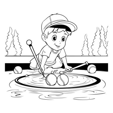 Parkta golf oynayan çocuk. Siyah ve beyaz vektör çizimi.