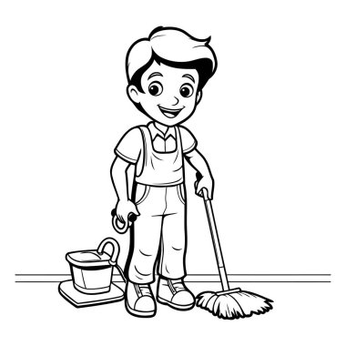 şirin küçük çocuk evi temizliyor karikatür vektör illüstrasyon grafik tasarım vektör çizimi grafik tasarımı