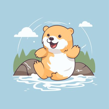 Nehirdeki bir kayanın üzerinde oturan sevimli hamster. Vektör illüstrasyonu