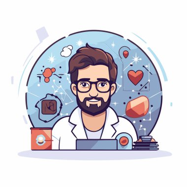 Tıbbi ofiste sakallı ve bıyıklı bir doktor vektör çizimi grafik tasarımı