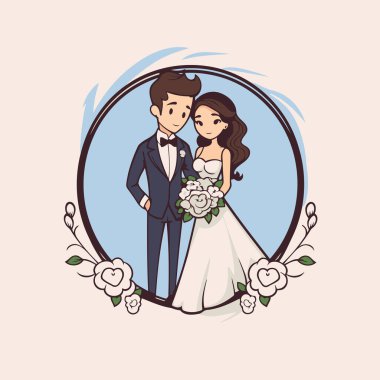 Düğün çifti. Gelin ve damat daire şeklinde. Vektör illüstrasyonu.