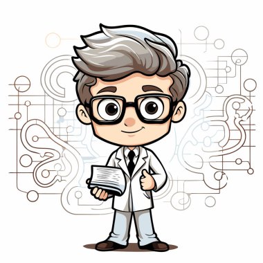 Gözlüklü bir çocuğun vektör çizimi ve elinde kitap tutan bir laboratuvar önlüğü