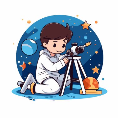 Teleskoplu şirin bir çocuk. Astronot çocuk. Vektör illüstrasyonu