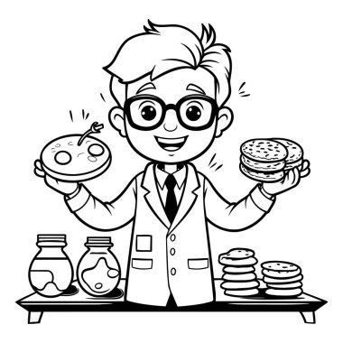 Komik Bilim Adamı veya Profesör Donut ve Boyama Kitabı Gözlükleri 'nin Siyah ve Beyaz Çizgi Filmi