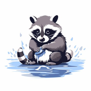 Suyun üzerinde oturan sevimli rakun. Çizgi film vektör illüstrasyonu.