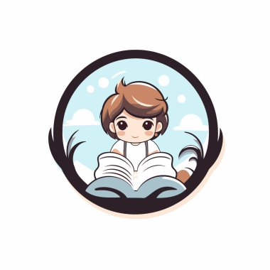 Kitap okuyan sevimli çizgi film çocuğu. Beyaz arkaplanda vektör illüstrasyonu.