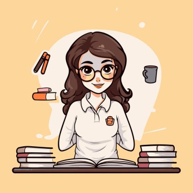 Kitapları olan bir kız öğrencinin vektör çizimi. Kalem ve gözlük.
