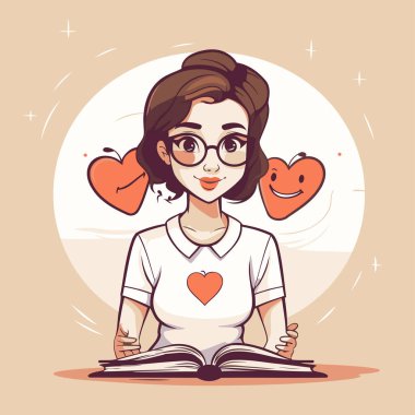 Gözlüklü genç bir kadının etrafında kırmızı kalpler olan bir kitap okumasının vektör çizimi..
