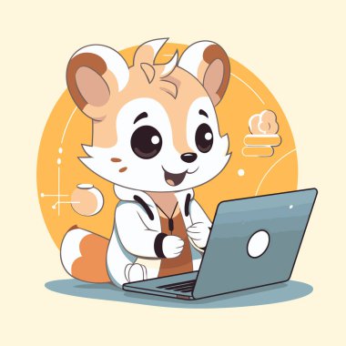 Dizüstü bilgisayarda çalışan şirin bir hamster. Tasarımınız için vektör illüstrasyonu