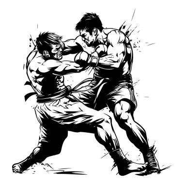 İki boksör kavga ediyor. İki boksör iş başında. Siyah ve beyaz vektör çizimi