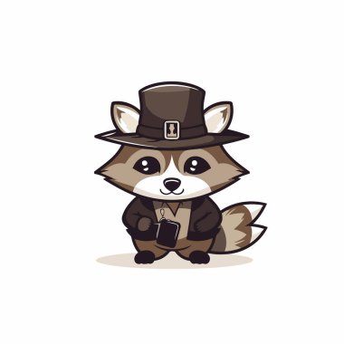 Şapkalı ve akıllı telefonlu bir rakun. Vektör illüstrasyonu