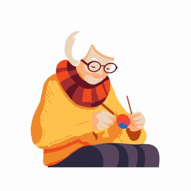 Örgü şişleri olan yaşlı bir adam. Çizgi film tarzında vektör illüstrasyonu.