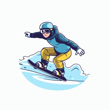 Snowboardcu atlıyor. Kış sporu. Çizgi film tarzında vektör illüstrasyonu