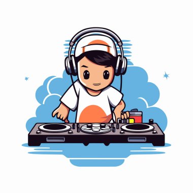 DJ müzik çalıyor. Sevimli çizgi film karakteri. Vektör illüstrasyonu.