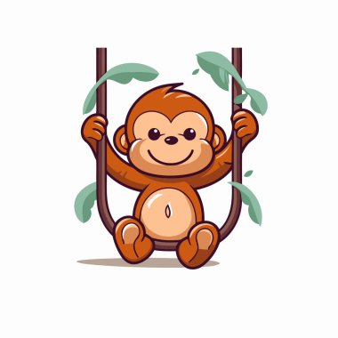 Ağaç dalında sallanan şirin çizgi film maymunu. Vektör illüstrasyonu.