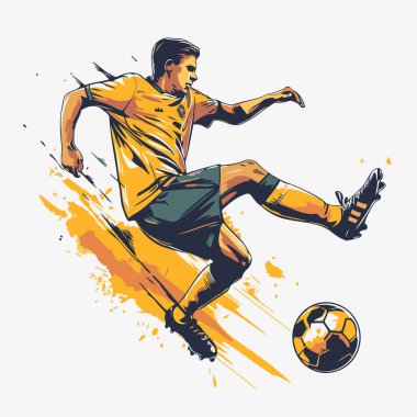 Futbolcu topa vuruyor. Bir futbolcunun vektör illüstrasyonu.