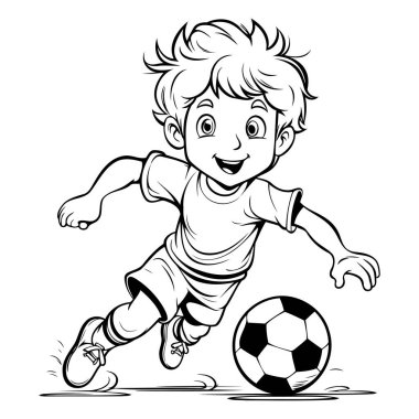 Futbolcu ve top. Boyama kitabı için siyah ve beyaz vektör çizimi.