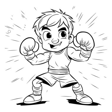 Boks yapan küçük bir çocuğun çizgi film çizimi. Siyah beyaz versiyonu.