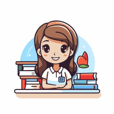 Liseli kız elinde kitaplarla masada oturuyor. Vektör çizgi film illüstrasyonu.