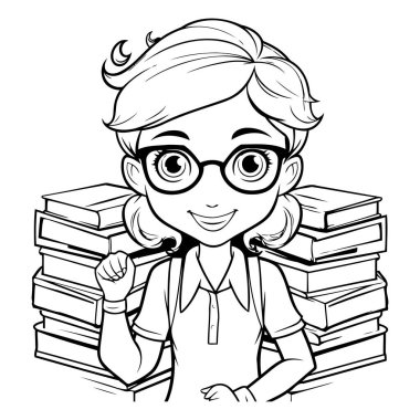 Boyama kitabı için gözlük ve kitap takan Sevimli Kız Öğrenci veya Öğretmenin Siyah ve Beyaz Çizgi Filmleri