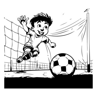 Futbol oynayan bir çocuk. siyah ve beyaz vektör çizimi. beyaz arkaplanda izole.