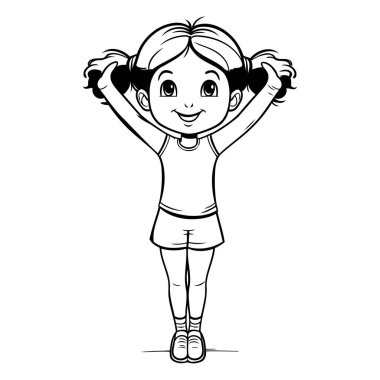 Küçük tatlı kız çizgi film vektör çizimi yapıyor. Siyah beyaz grafik tasarımı.