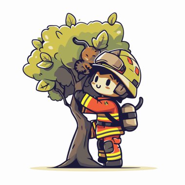 İtfaiye hortumu ve ağaç taşıyan bir itfaiyecinin çizgi film çizimi..