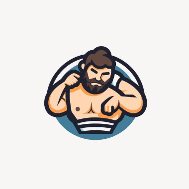 Vücut geliştirici logo şablonu. Sakallı bir adamın vektör çizimi.