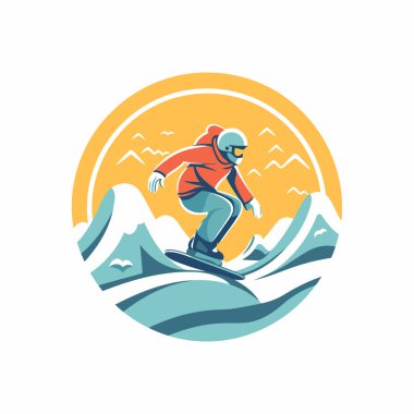 Dağlarda snowboard yapan bir snowboardcu. Vektör illüstrasyonu