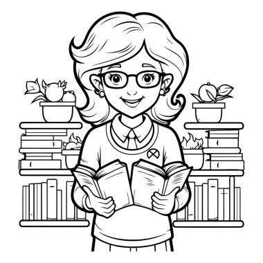 Kütüphanedeki Kız Öğrenci Okuma Kitabı 'nın Siyah ve Beyaz Çizgi Filmleri