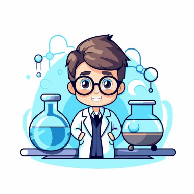 Laboratuvar önlüğü ve gözlüklü bilim adamı. Çizgi film tarzında vektör illüstrasyonu