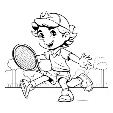 Tenis oynayan bir çocuğun siyah ve beyaz çizgi film canlandırması