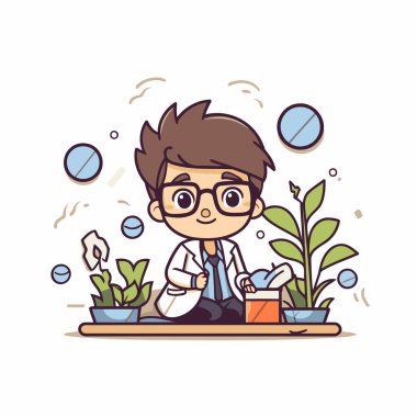 Masada oturan ve çiçekleri sulayan gözlüklü, beyaz ceketli küçük bir çocuğun vektör çizimi.