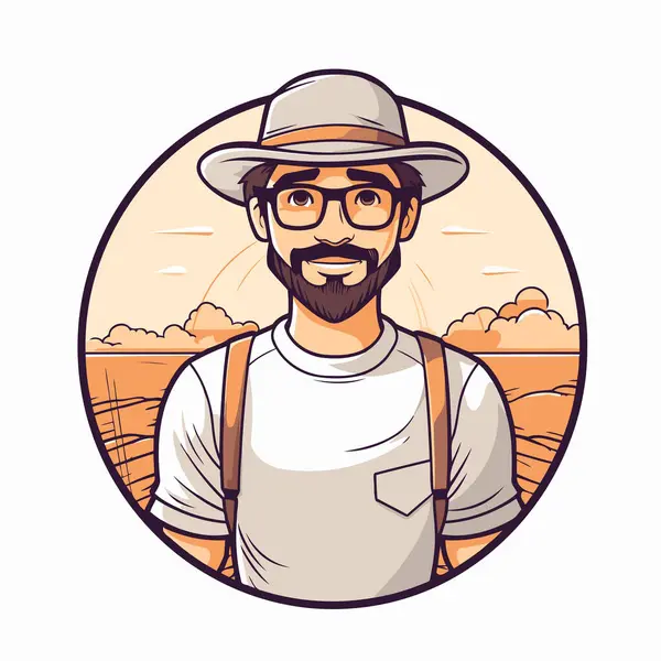 Hipster Man Beard Mustache Hat Glasses Field Vector Illustration — Stock Vector