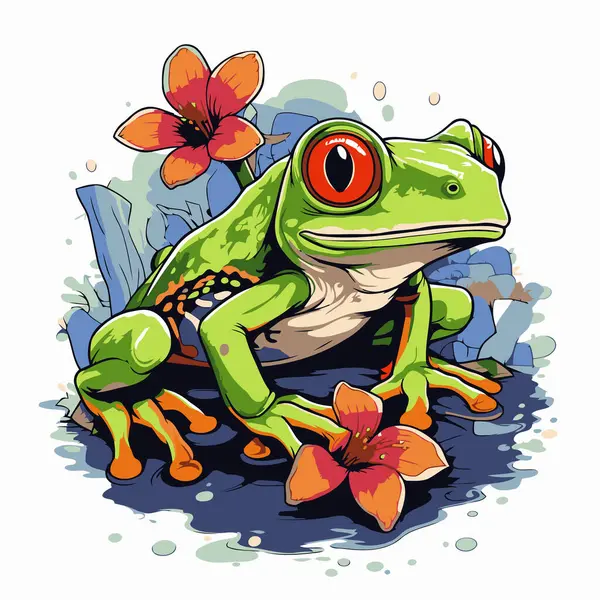 Frog Flower Vector Illustration Green Frog Flowers — Stock Vector