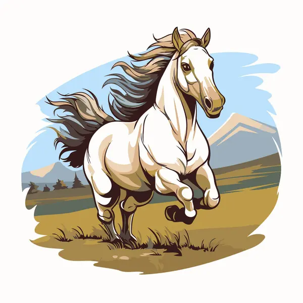 Vector Illustration White Horse Running Field Mountains Background — Stock Vector