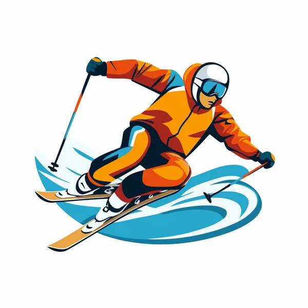 Skiing man vector illustration. Skier skiing in mountains.