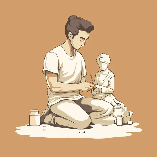 Wektorowa Ilustracja Młodego Człowieka Białej Koszulce Siedzącego Piasku Robiącego Rzeźbę — Wektor stockowy