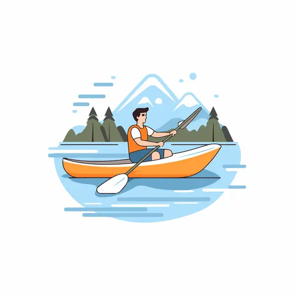 Homme Kayak Sur Lac Illustration Vectorielle Plate — Image vectorielle