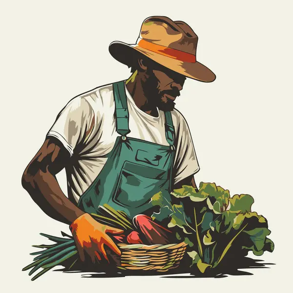 Agricultor Com Uma Cesta Legumes Frescos Ilustração Vetorial Estilo Retro —  Vetores de Stock