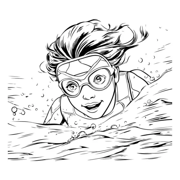 Girl Swimming Sea Black White Vector Illustration Cartoon Style — Stock Vector