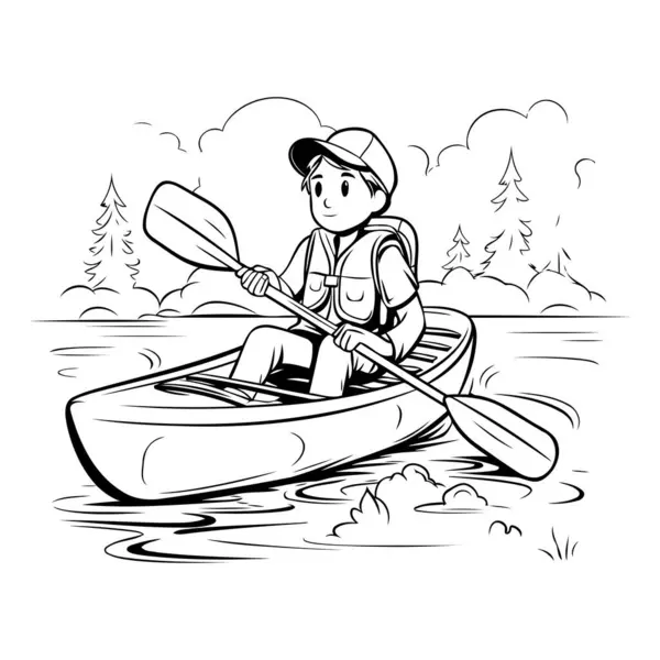 Ilustracja Chłopca Wiosłującego Kajakiem Jeziorze — Wektor stockowy