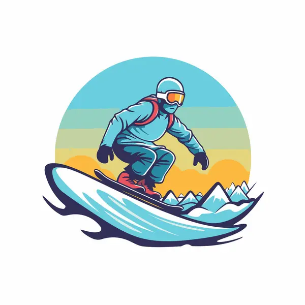 Snowboarder Cavalcando Uno Snowboard Sullo Sfondo Delle Montagne Illustrazione Vettoriale — Vettoriale Stock